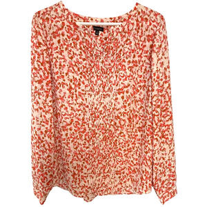 Talbots Women’s Medium Pintuck Split Neck Blouse Coral Brown Watercolor Print